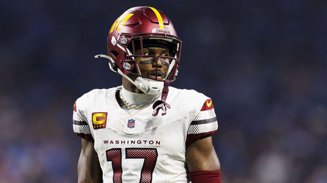 DETROIT, MICHIGAN - JANUARY 18: Wide receiver Terry McLaurin #17 of the Washington Commanders stands on the field during the second half of an NFL football divisional playoff game against the Detroit Lions, at Ford Field on January 18, 2025 in Detroit, Michigan.