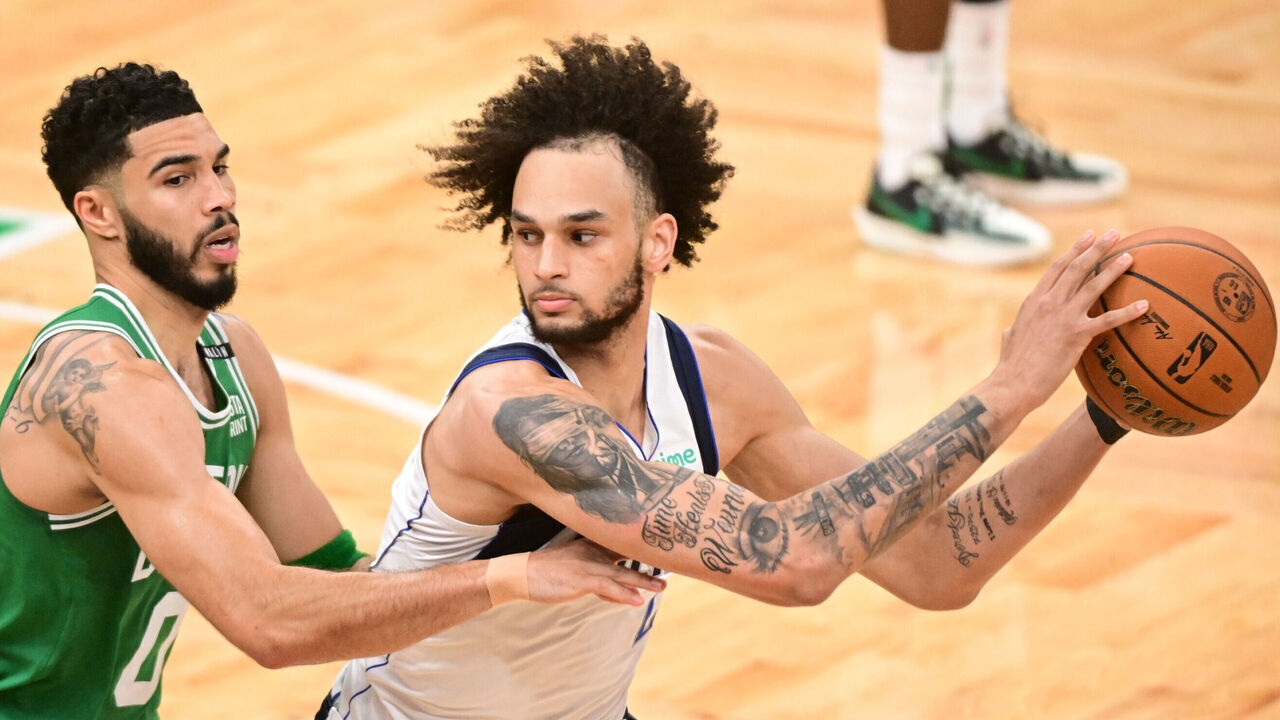 BOSTON, MA - JUNE 17: Dereck Lively II #2 of the Dallas Mavericks handles the ball while Jayson Tatum #0 of the Boston Celtics plays defense during the game during Game Five of the 2024 NBA Finals on June 17, 2024 at the TD Garden in Boston, Massachusetts. Mandatory Copyright Notice: Copyright 2024 NBAE