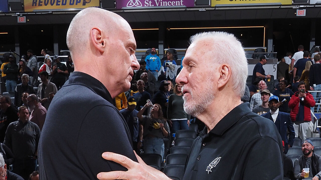 INDIANAPOLIS, IN - NOVEMBER 6: Head Coach of Rick Carlisle of the Indiana Pacers talks with Head Coach Gregg Popovich of the San Antonio Spurs after the game on November 6, 2023 at Gainbridge Fieldhouse in Indianapolis, Indiana. Mandatory Copyright Notice: Copyright 2023 NBAE