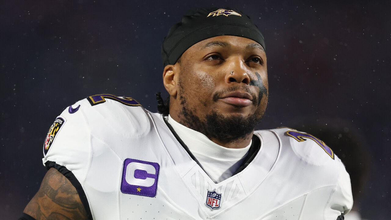 ORCHARD PARK, NEW YORK - JANUARY 19: Derrick Henry #22 of the Baltimore Ravens looks on prior to the game against the Buffalo Bills during the AFC Divisional Playoff at Highmark Stadium on January 19, 2025 in Orchard Park, New York.