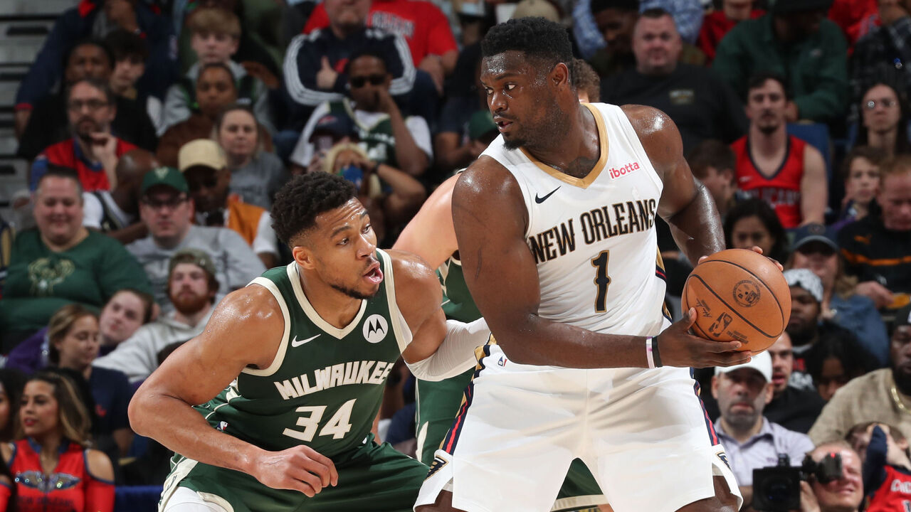 NEW ORLEANS, LA - MARCH 28: Giannis Antetokounmpo #34 of the Milwaukee Bucks plays defense during the game against Zion Williamson #1 of the New Orleans Pelicans on March 28, 2024 at the Smoothie King Center in New Orleans, Louisiana. Mandatory Copyright Notice: Copyright 2024 NBAE