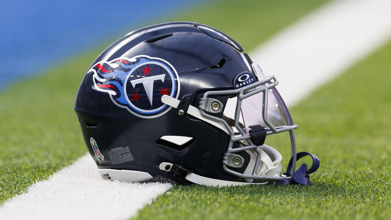 INGLEWOOD, CALIFORNIA - NOVEMBER 10: A detail view of a Tennessee Titans helmet on the field before a game against the Los Angeles Chargers at SoFi Stadium on November 10, 2024 in Inglewood, California.