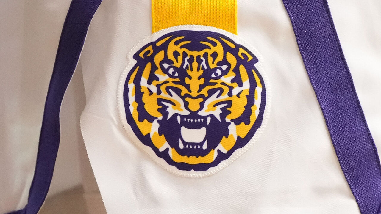 CHARLESTON, SC - NOVEMBER 16: The LSU Tigers logo on a pair of shorts during day one of the Shriners Children's Charleston Classic college basketball game against the Dayton Flyers at the TD Arena on November 16, 2023 in Charleston, South Carolina. *** Local Caption ***