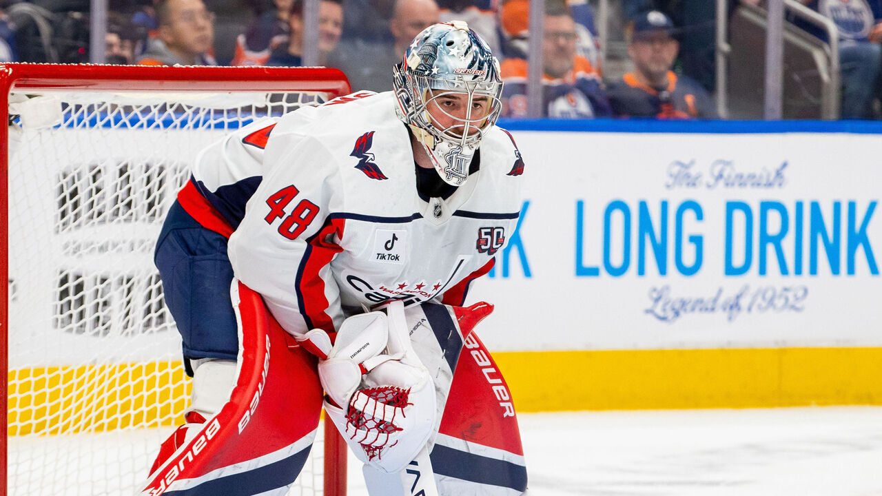 EDMONTON, AB - JANUARY 21 Washington Capitals Goalie Logan Thompson (48) keeps an eye on the puck in the first period of the Edmonton Oilers game versus the Washington Capitals on January 21, 2025 at Rogers Place in Edmonton, AB.