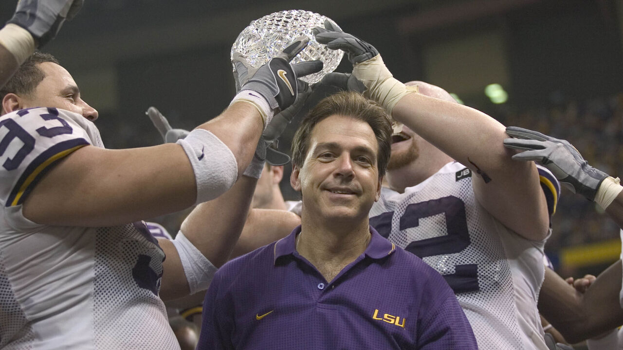 4 Jan 2004: Head coach Nick Saban of the LSU Tigers celebrates after the Tigers 21-14 victory over the Oklahoma Sooners in the Nokia Sugar Bowl at the Superdome in New Orleans, LA.