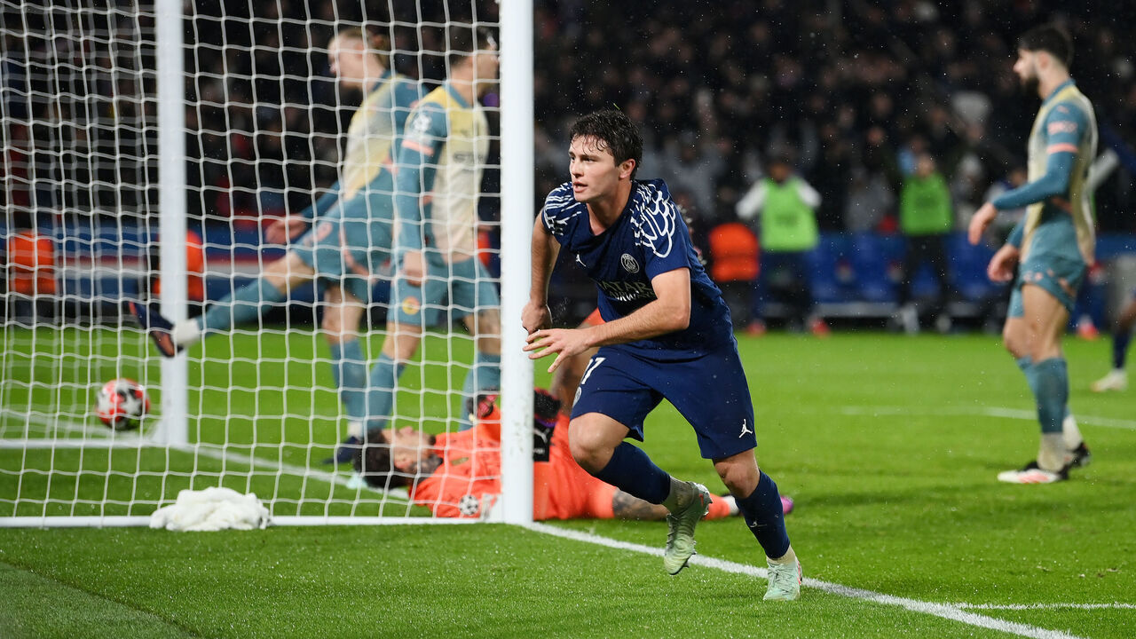 PARIS, FRANCE - JANUARY 22: Joao Neves of Paris Saint-Germain celebrates scoring his team's third goal during the UEFA Champions League 2024/25 League Phase MD7 match between Paris Saint-Germain and Manchester City at Parc des Princes on January 22, 2025 in Paris, France.