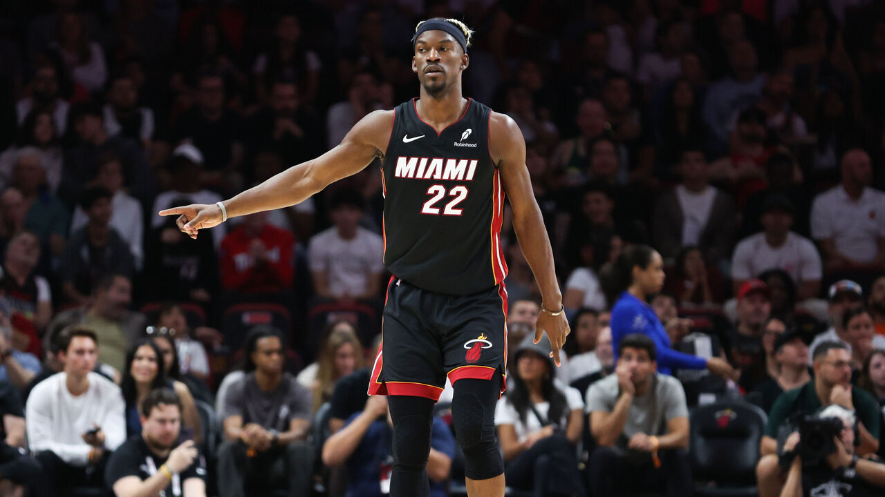 MIAMI, FLORIDA - JANUARY 19: Jimmy Butler #22 of the Miami Heat reacts against the San Antonio Spurs during the second quarter of the game at Kaseya Center on January 19, 2025 in Miami, Florida.