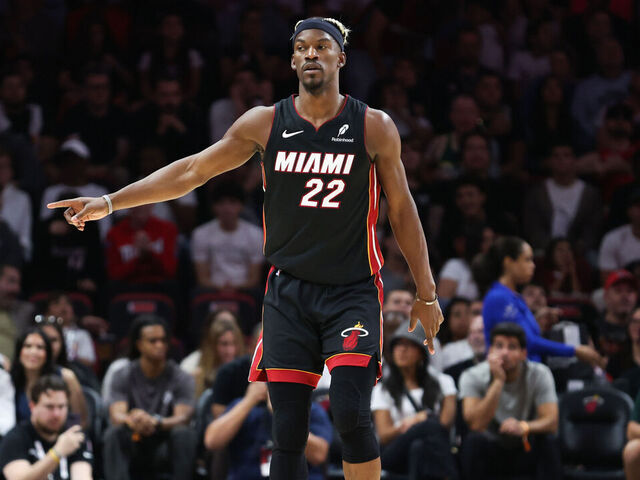 MIAMI, FLORIDA - JANUARY 19: Jimmy Butler #22 of the Miami Heat reacts against the San Antonio Spurs during the second quarter of the game at Kaseya Center on January 19, 2025 in Miami, Florida.