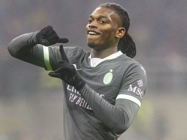 MILAN, ITALY - JANUARY 22: Rafael Leão of AC Milan celebrates his goal during the UEFA Champions League 2024/25 League Phase MD7 match between AC Milan and Girona FC at Stadio San Siro on January 22, 2025 in Milan, Italy.