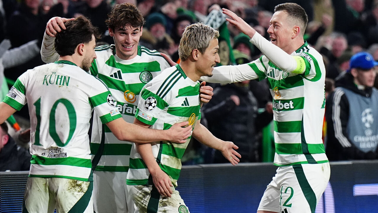 (left to right) Celtic's Nicolas Kuhn, Paulo Bernardo, Daizen Maeda and Callum McGregor celebrate after Young Boys' Loris Benito scores an own goal for their first goal during the UEFA Champions League, league stage match at Celtic Park, Glasgow. Picture date: Wednesday January 22, 2025.
