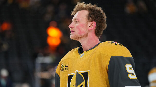 LAS VEGAS, NEVADA - JANUARY 20: Jack Eichel #9 of the Vegas Golden Knights warms up prior to a game against the St. Louis Blues at T-Mobile Arena on January 20, 2025 in Las Vegas, Nevada.