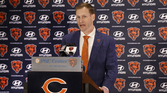 LAKE FOREST, ILLINOIS - JANUARY 22: Newly named head coach Ben Johnson of the Chicago Bears speaks to the media during a introductory press conference at PNC Center at Halas Hall on January 22, 2025 in Lake Forest, Illinois.