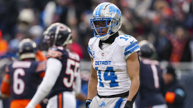 CHICAGO, ILLINOIS - DECEMBER 22: Wide receiver Amon-Ra St. Brown #14 of the Detroit Lions stands on the field during the fourth quarter of an NFL football game against the Chicago Bears, at Soldier Field on December 22, 2024 in Chicago, Illinois.