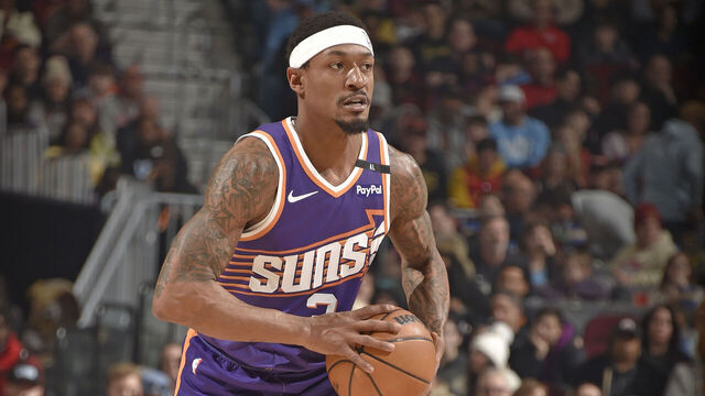 CLEVELAND, OH - JANUARY 20: Bradley Beal #3 of the Phoenix Suns handles the ball during the game against the Cleveland Cavaliers on January 20, 2025 at Rocket Mortgage FieldHouse in Cleveland, Ohio. NOTE TO USER: User expressly acknowledges and agrees that, by downloading and/or using this Photograph, user is consenting to the terms and conditions of the Getty Images License Agreement. Mandatory Copyright Notice: Copyright 2025 NBAE