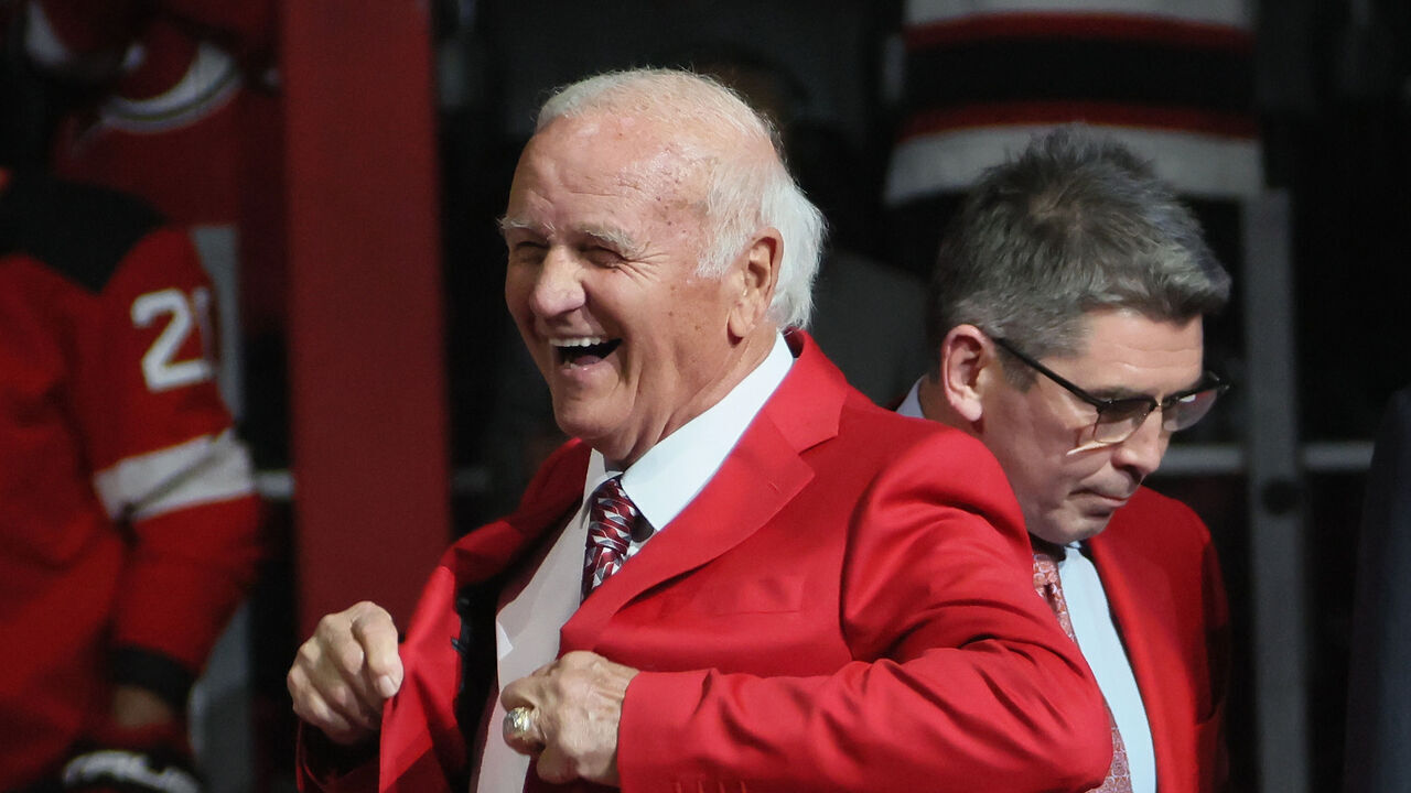 NEWARK, NEW JERSEY - JANUARY 22: Jacques Lemaire is inducted into the New Jersey Devils Hall of Fame prior to the game against the Boston Bruins at Prudential Center on January 22, 2025 in Newark, New Jersey.