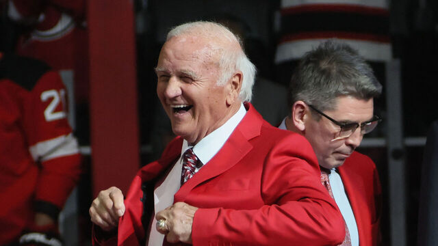 NEWARK, NEW JERSEY - JANUARY 22: Jacques Lemaire is inducted into the New Jersey Devils Hall of Fame prior to the game against the Boston Bruins at Prudential Center on January 22, 2025 in Newark, New Jersey.