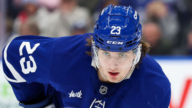 TORONTO, CANADA - JANUARY 20: Matthew Knies #23 of the Toronto Maple Leafs looks on against the Tampa Bay Lightning at Scotiabank Arena on January 20, 2025 in Toronto, Ontario, Canada.