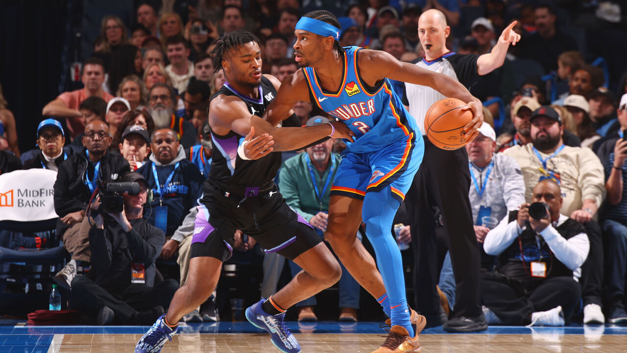 OKLAHOMA CITY, OK - JANUARY 22: Shai Gilgeous-Alexander #2 of the Oklahoma City Thunder looks to pass the ball during the game against the Utah Jazz on January 22, 2025 at Paycom Center in Oklahoma City, Oklahoma. Mandatory Copyright Notice: Copyright 2025 NBAE