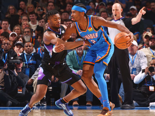 OKLAHOMA CITY, OK - JANUARY 22: Shai Gilgeous-Alexander #2 of the Oklahoma City Thunder looks to pass the ball during the game against the Utah Jazz on January 22, 2025 at Paycom Center in Oklahoma City, Oklahoma. Mandatory Copyright Notice: Copyright 2025 NBAE
