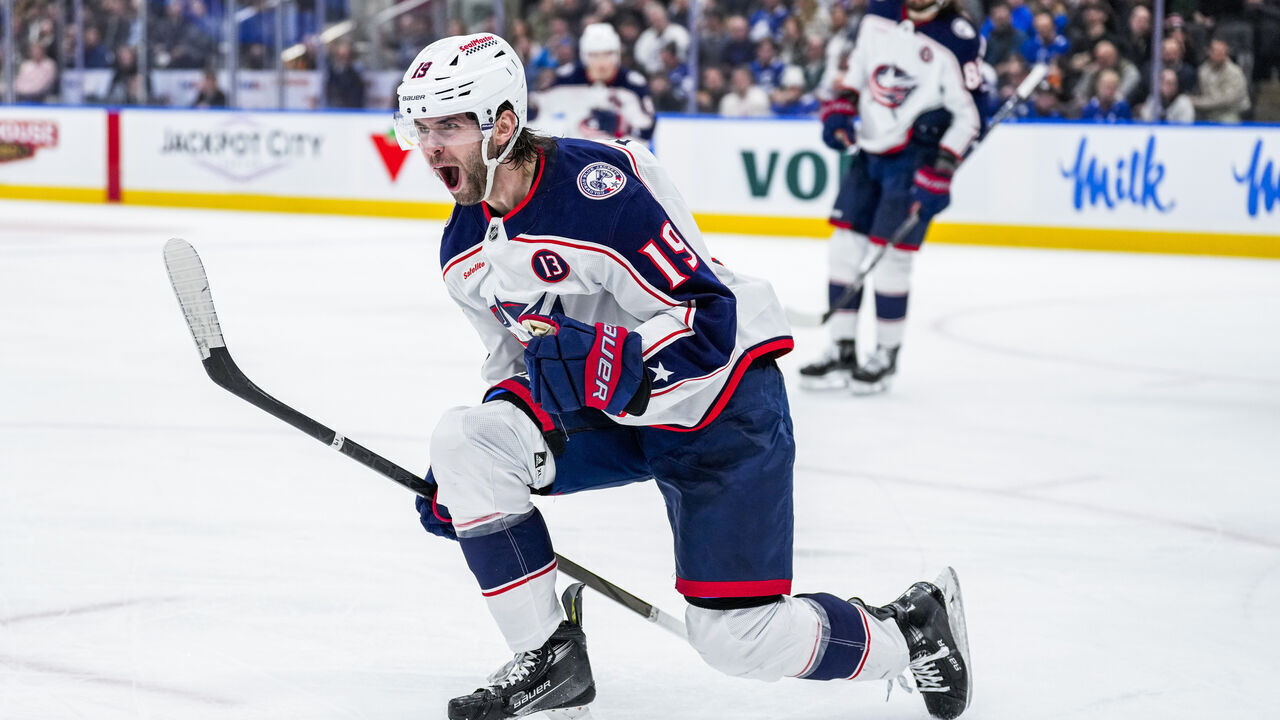TORONTO, ON - JANUARY 22: Adam Fantilli #19 of the Columbus Blue Jackets celebrates his goal against the Toronto Maple Leafs during the second period at the Scotiabank Arena on January 22, 2025 in Toronto, Ontario, Canada.