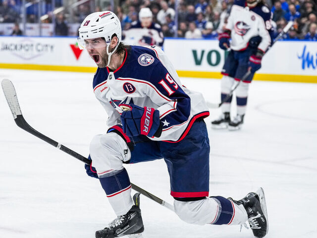 TORONTO, ON - JANUARY 22: Adam Fantilli #19 of the Columbus Blue Jackets celebrates his goal against the Toronto Maple Leafs during the second period at the Scotiabank Arena on January 22, 2025 in Toronto, Ontario, Canada.