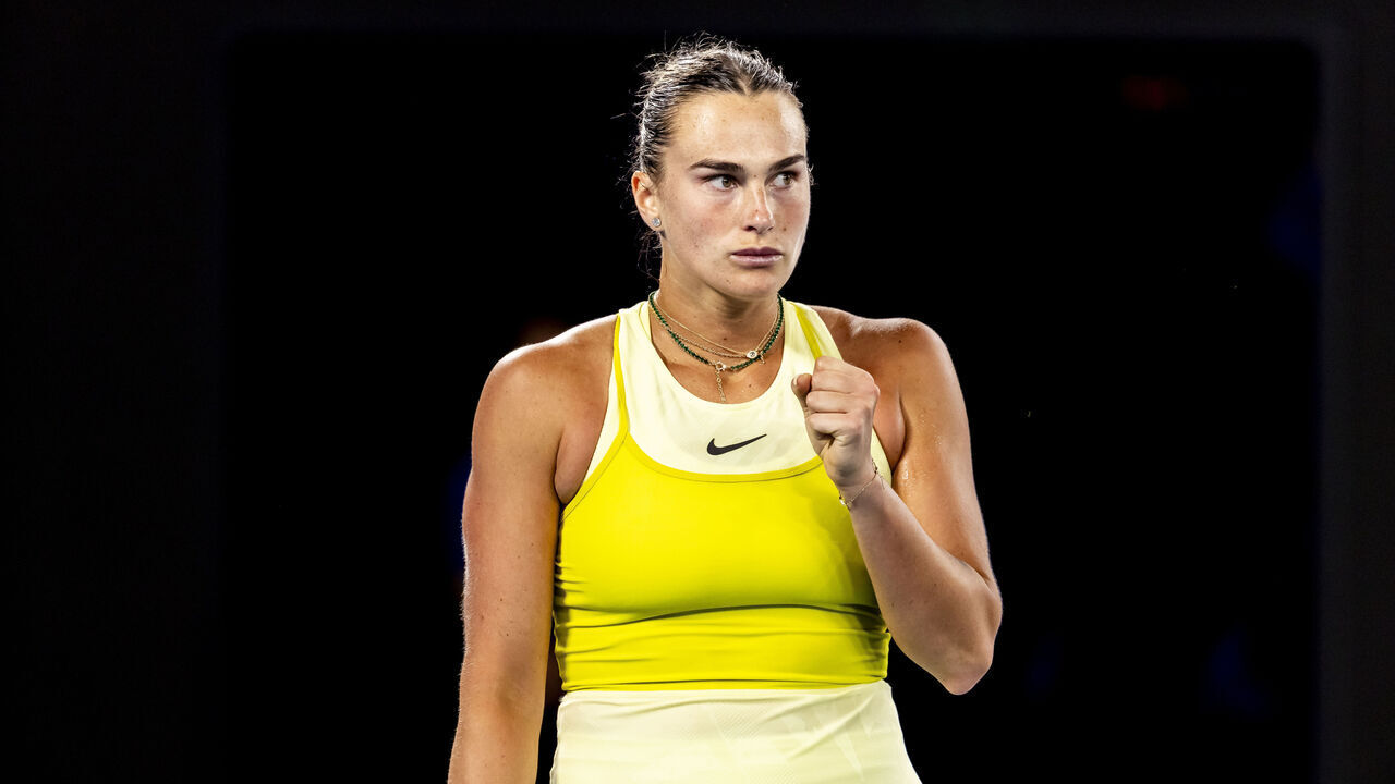 MELBOURNE, VIC - JANUARY 23: Aryna Sabalenka of Belarus celebrates during the Semifinals of the 2025 Australian Open on January 23 2025, at Melbourne Park in Melbourne, Australia.