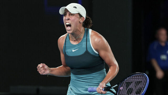 USA's Madison Keys reacts to a point against Poland's Iga Swiatek during their women's singles semi-final match on day twelve of the Australian Open tennis tournament in Melbourne on January 23, 2025.