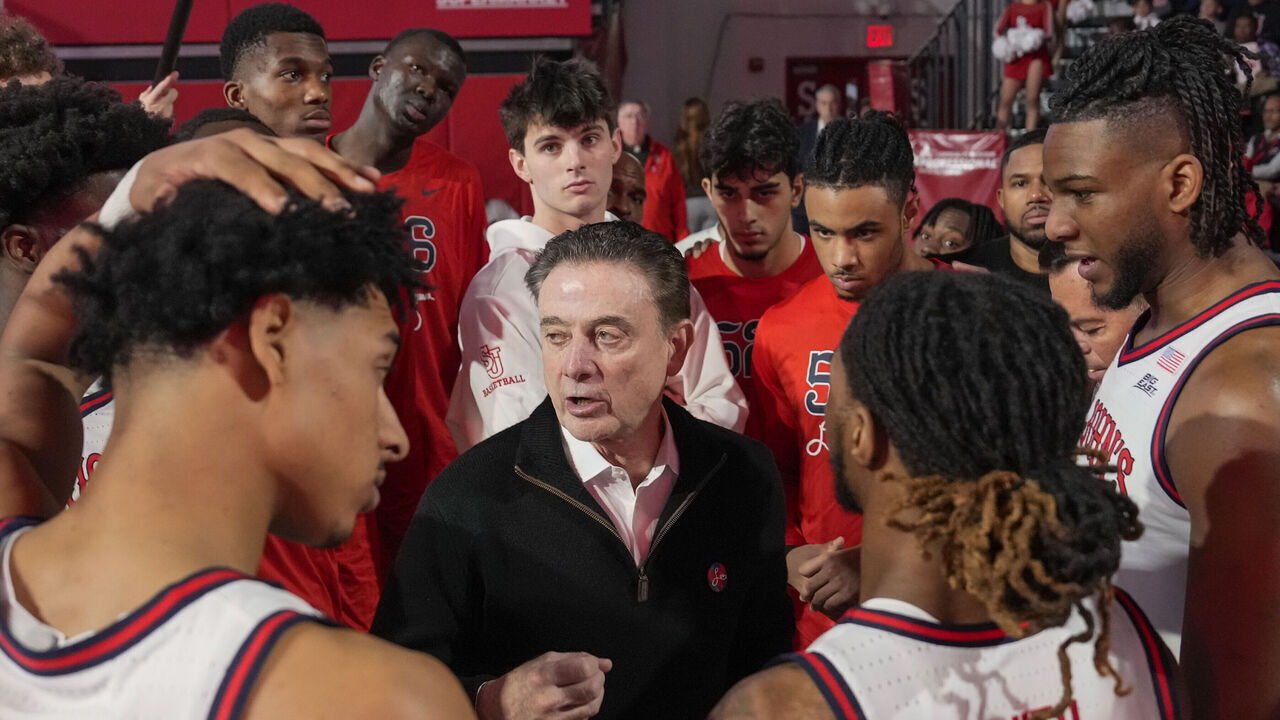 NEW YORK, NY - JANUARY 4: Head coach Rick Pitino of the St. John's Red Storm talks to his team before a college basketball game between the St. John's Red Storm and the Butler Bulldogs at Carnesecca Arena on January 4, 2025 in the Queens Borough of New York City.