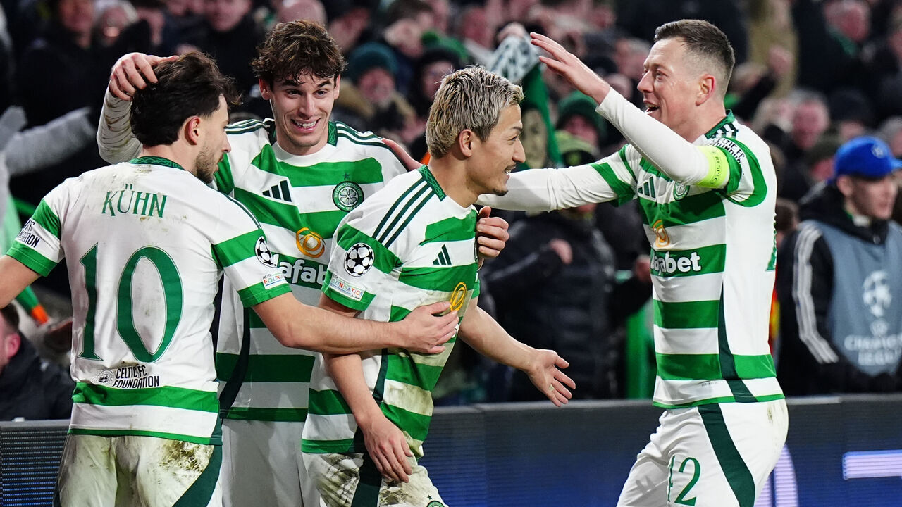 (left to right) Celtic's Nicolas Kuhn, Paulo Bernardo, Daizen Maeda and Callum McGregor celebrate after Young Boys' Loris Benito scores an own goal for their first goal during the UEFA Champions League, league stage match at Celtic Park, Glasgow. Picture date: Wednesday January 22, 2025.