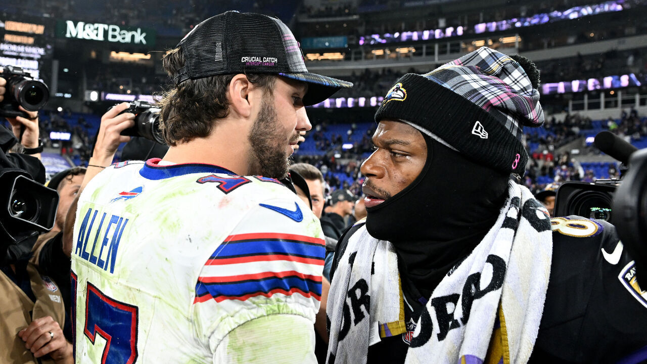 BALTIMORE, MARYLAND - SEPTEMBER 29: Josh Allen #17 of the Buffalo Bills and Lamar Jackson #8 of the Baltimore Ravens embrace after the game at M&T Bank Stadium on September 29, 2024 in Baltimore, Maryland.