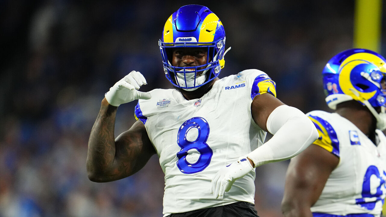 DETROIT, MI - SEPTEMBER 08: Jared Verse #8 of the Los Angeles Rams celebrates after a play against the Detroit Lions during the first half of an football game at Ford Field on September 8, 2024 in Detroit, Michigan.