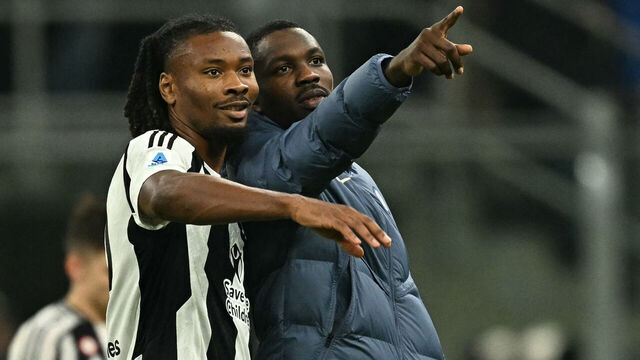 Juventus' French midfielder #19 Khephren Thuram-Ulien (L) and his brother Inter Milan's French forward #09 Marcus Thuram are pictured at the end of the Italian Serie A football match between Inter Milan and Juventus at San Siro stadium in Milan, on October 27, 2024.