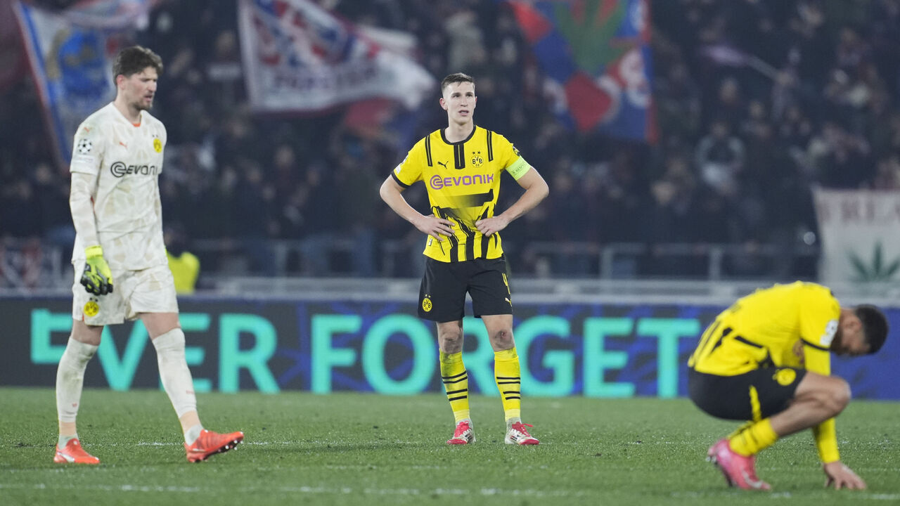 Bologna, Italy - January 21: Nico Schlotterbeck of Borussia Dortmund looks dejected during the UEFA Champions League 2024/25 League Phase MD7 match between Bologna FC 1909 and Borussia Dortmund at Stadio Renato Dall'Ara on January 21, 2025 in Bologna, Italy.