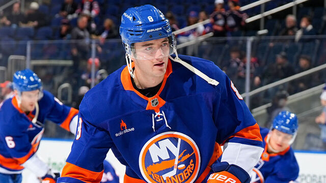 ELMONT, NEW YORK - JANUARY 02: Noah Dobson #8 of the New York Islanders skates prior to the game against the Toronto Maple Leafs on January 2, 2025 at UBS Arena in Elmont, New York