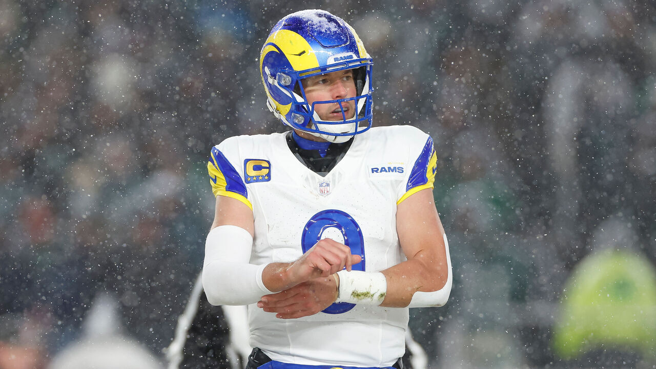 PHILADELPHIA, PENNSYLVANIA - JANUARY 19: Matthew Stafford #9 of the Los Angeles Rams reacts in the fourth quarter during the NFC Divisional Playoff game against the Philadelphia Eagles at Lincoln Financial Field on January 19, 2025 in Philadelphia, Pennsylvania.