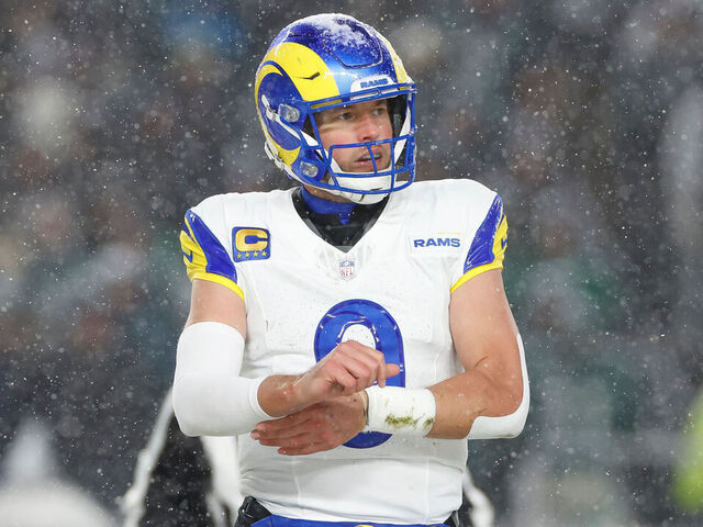 PHILADELPHIA, PENNSYLVANIA - JANUARY 19: Matthew Stafford #9 of the Los Angeles Rams reacts in the fourth quarter during the NFC Divisional Playoff game against the Philadelphia Eagles at Lincoln Financial Field on January 19, 2025 in Philadelphia, Pennsylvania.