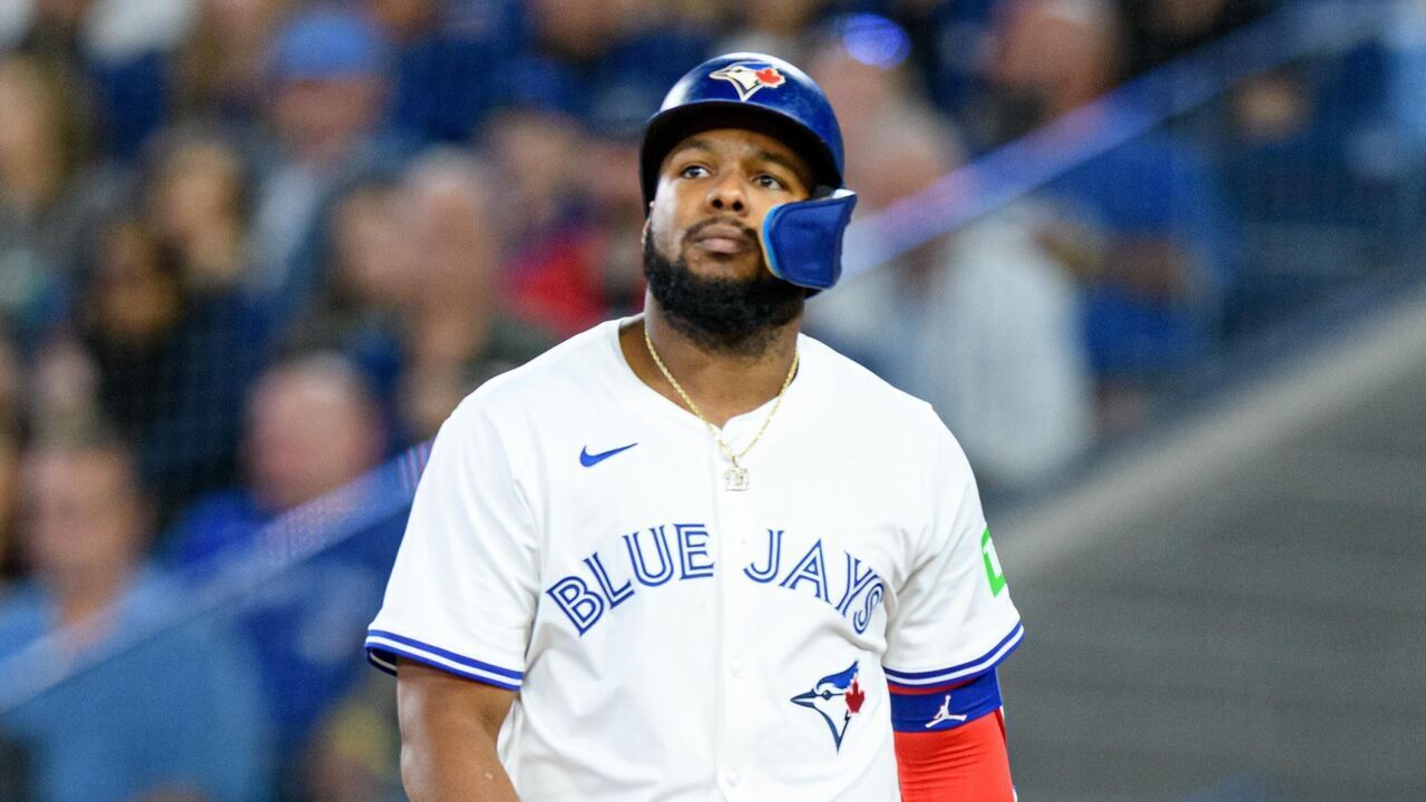 TORONTO, ON - SEPTEMBER 27: Toronto Blue Jays First base Vladimir Guerrero Jr. (27) reacts during the MLB baseball regular season game between the Miami Marlins and the Toronto Blue Jays on September 27, 2024, at Rogers Centre in Toronto, ON, Canada.
