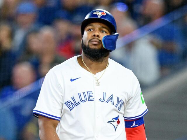 TORONTO, ON - SEPTEMBER 27: Toronto Blue Jays First base Vladimir Guerrero Jr. (27) reacts during the MLB baseball regular season game between the Miami Marlins and the Toronto Blue Jays on September 27, 2024, at Rogers Centre in Toronto, ON, Canada.