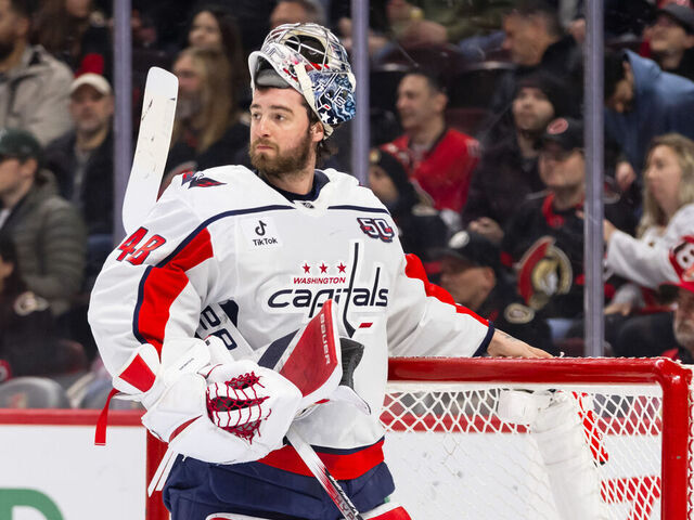 OTTAWA, ON - JANUARY 16: Washington Capitals Goalie Logan Thompson (48) with mask up after first period National Hockey League action between the Washington Capitals and Ottawa Senators on January 16, 2025, at Canadian Tire Centre in Ottawa, ON, Canada.
