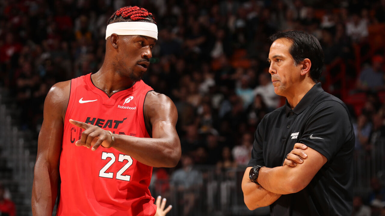 MIAMI, FL - NOVEMBER 24: Jimmy Butler #22 and Head Coach Erik Spoelstra of the Miami Heat talk during the game against the Dallas Mavericks on November 24, 2024 at Kaseya Center in Miami, Florida. Mandatory Copyright Notice: Copyright 2024 NBAE