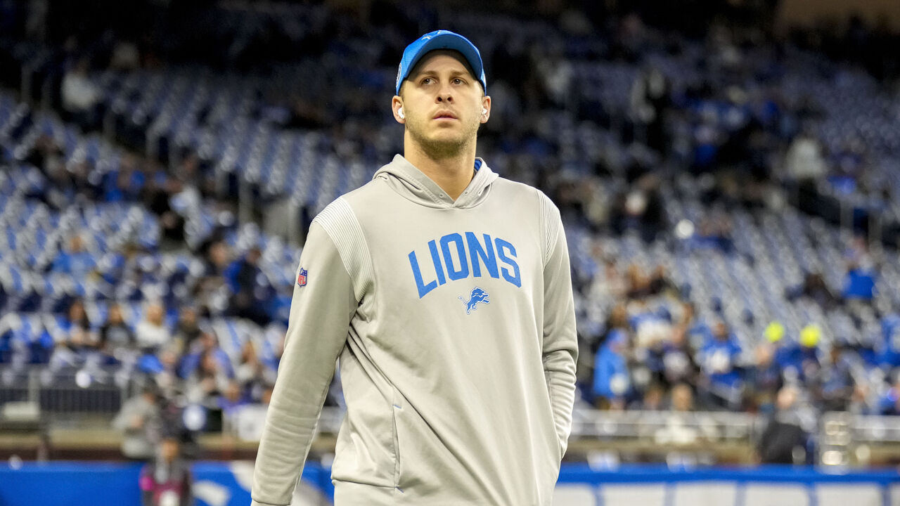 DETROIT, MICHIGAN - JANUARY 18: Jared Goff #16 of the Detroit Lions looks on prior to the NFC Divisional Playoff against the Washington Commanders at Ford Field on January 18, 2025 in Detroit, Michigan.