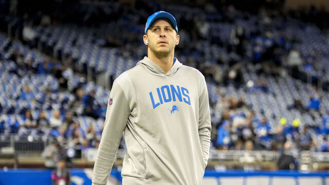 DETROIT, MICHIGAN - JANUARY 18: Jared Goff #16 of the Detroit Lions looks on prior to the NFC Divisional Playoff against the Washington Commanders at Ford Field on January 18, 2025 in Detroit, Michigan.