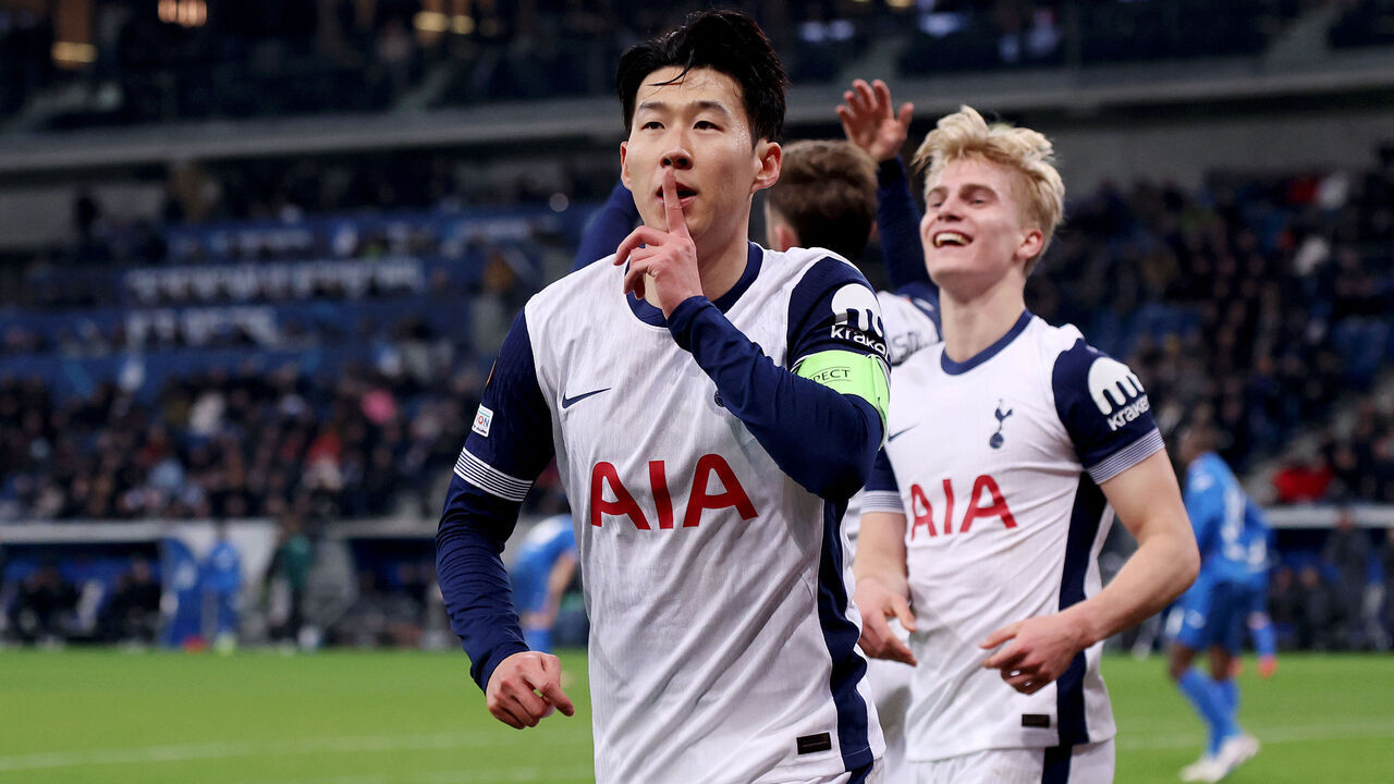 SINSHEIM, GERMANY - JANUARY 23: Son Heung-Min of Tottenham Hotspur celebrates scoring his team's third goal during the UEFA Europa League 2024/25 League Phase MD7 match between TSG 1899 Hoffenheim and Tottenham Hotspur at Rhein-Neckar-Arena on January 23, 2025 in Sinsheim, Germany.