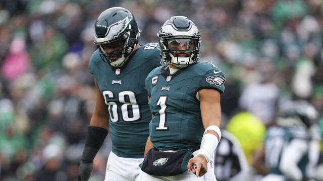 PHILADELPHIA, PENNSYLVANIA - DECEMBER 31: Jalen Hurts #1 and Jordan Mailata #68 of the Philadelphia Eagles look on against the Arizona Cardinals at Lincoln Financial Field on December 31, 2023 in Philadelphia, Pennsylvania.