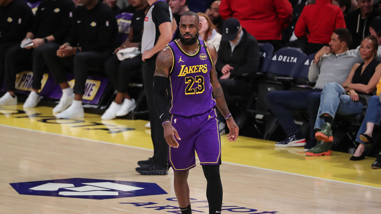 LOS ANGELES, CA - JANUARY 21: Los Angeles Lakers forward LeBron James (23) during the Washington Wizards vs Los Angeles Lakers game on January 21, 2025, at Crypto.com Arena in Los Angeles, CA.