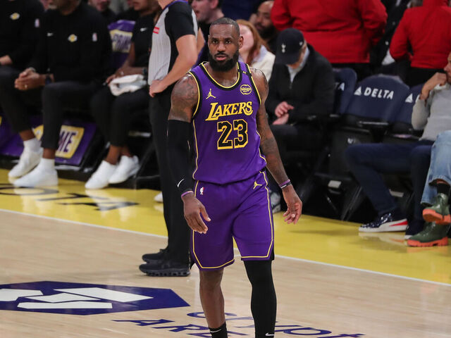 LOS ANGELES, CA - JANUARY 21: Los Angeles Lakers forward LeBron James (23) during the Washington Wizards vs Los Angeles Lakers game on January 21, 2025, at Crypto.com Arena in Los Angeles, CA.