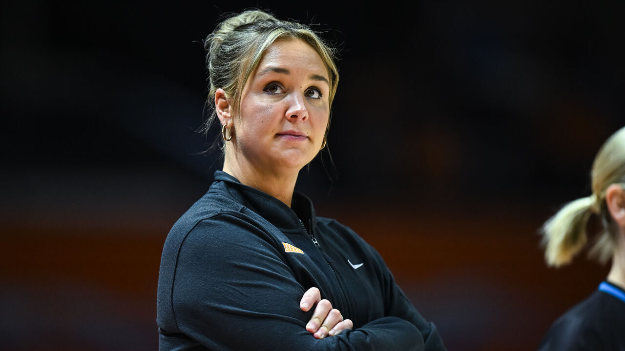 KNOXVILLE, TN - JANUARY 09: Tennessee Lady Vols head coach Kim Caldwell looks on during a women's college basketball game between the Tennessee Lady Vols and the LSU Lady Tigers on January 9, 2025, at Food City Center in Knoxville, TN.