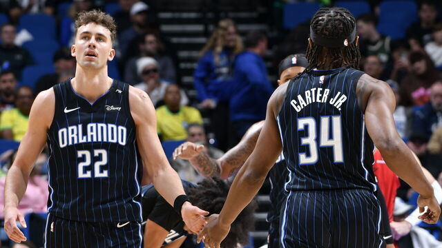 ORLANDO, FL - JANUARY 23: Franz Wagner #22 and Wendell Carter Jr. #34 of the Orlando Magic high five during the game against the Portland Trail Blazers on January 23, 2025 at Kia Center in Orlando, Florida. Mandatory Copyright Notice: Copyright 2025 NBAE