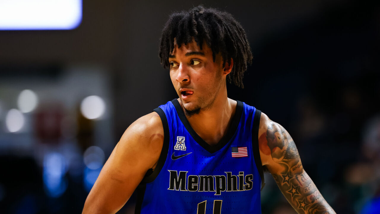 CHARLOTTE, NORTH CAROLINA - JANUARY 19: PJ Haggerty #4 of the Memphis Tigers plays defense during the first half of a basketball game against the Charlotte 49ers at Dale F. Halton Arena on January 19, 2025 in Charlotte, North Carolina.