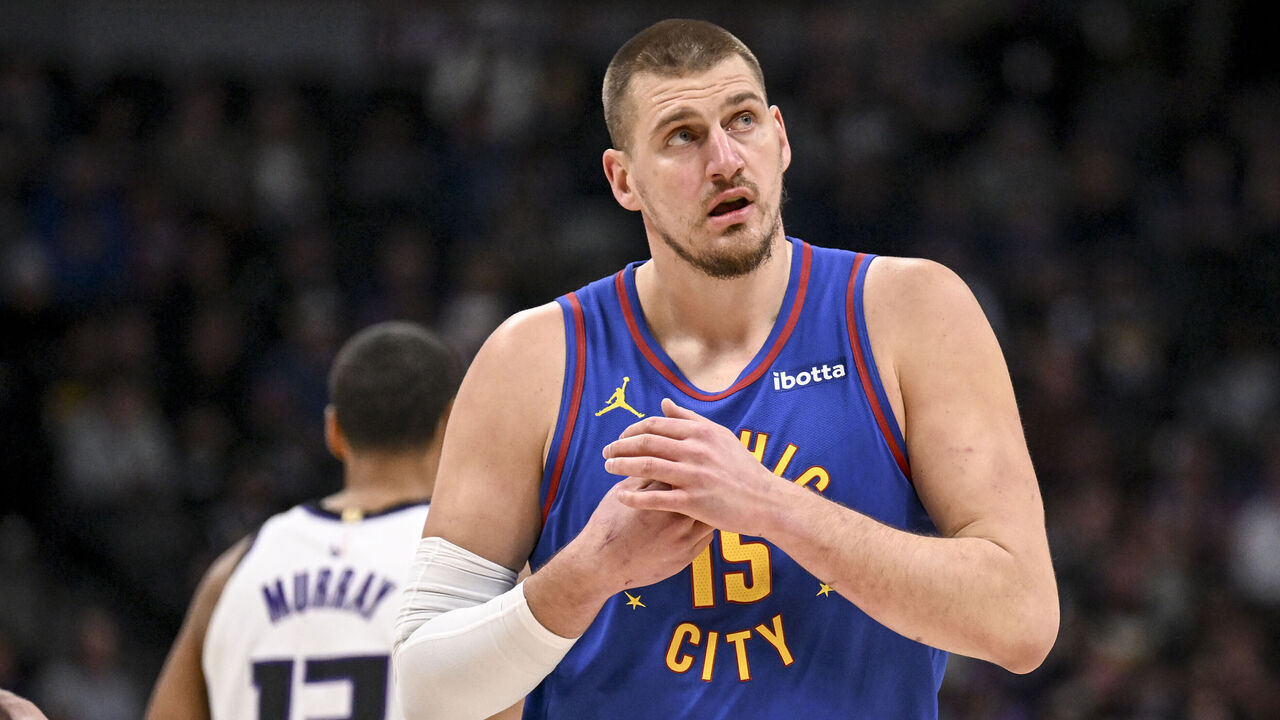 DENVER, CO - JANUARY 23: Nikola Jokic (15) of the Denver Nuggets walks back to the offensive end against the Sacramento Kings during the first quarter at Ball Arena in Denver, Colorado on Thursday, January 23, 2025.